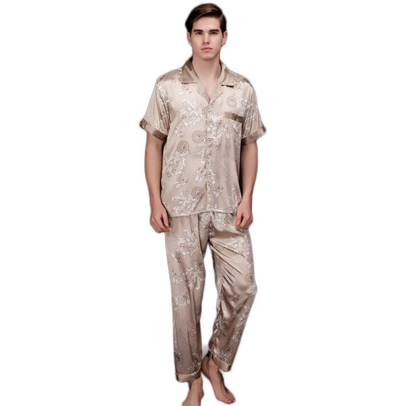 ZUEVI Men's Silk Satin Short Sleeve Pajamas Set Dragon Pattern Loungewear Button Down Pjs Set for Men(DRAGON-XL) - Image 1